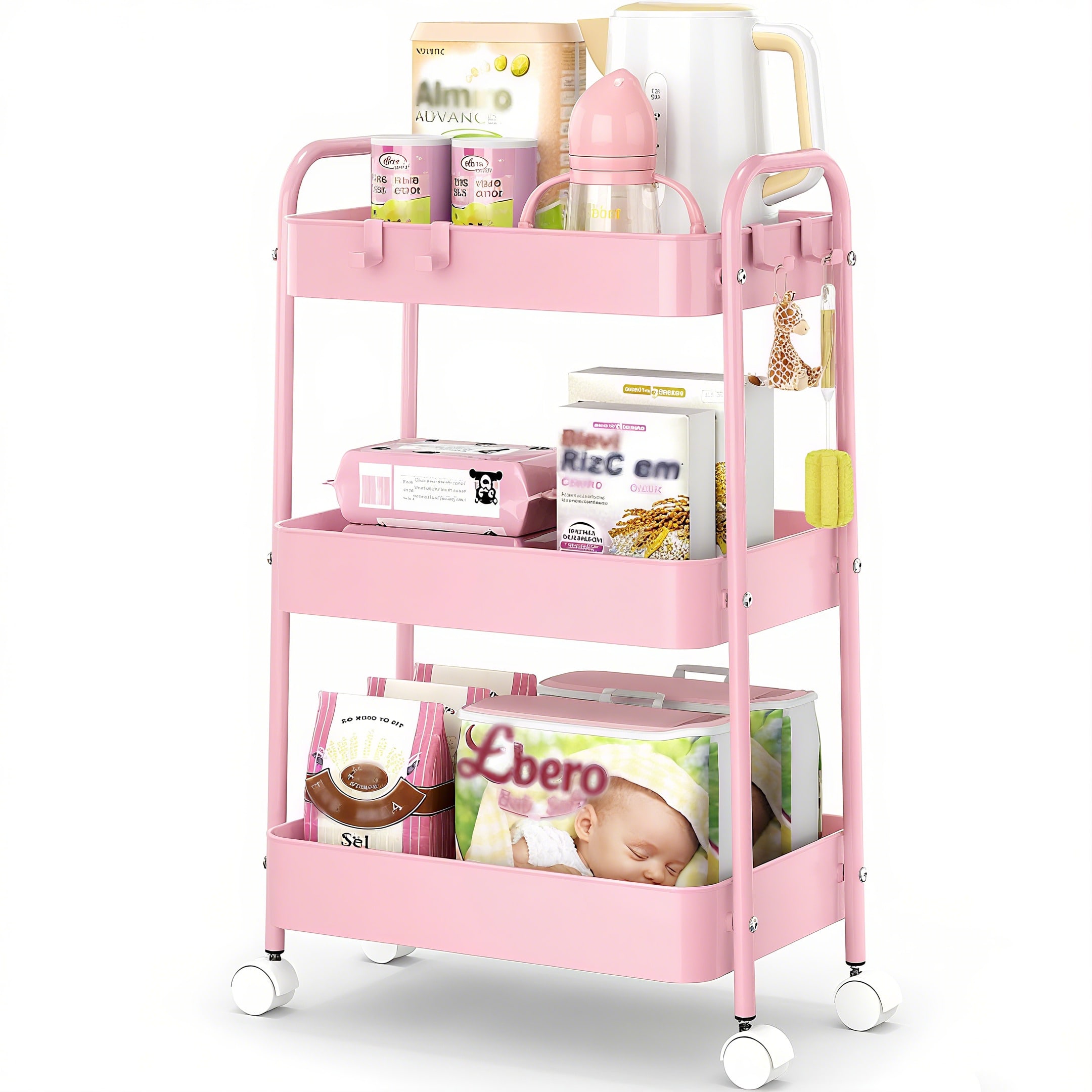 Baby Nursery Pink - 3 Tier Metal Rolling Cart With