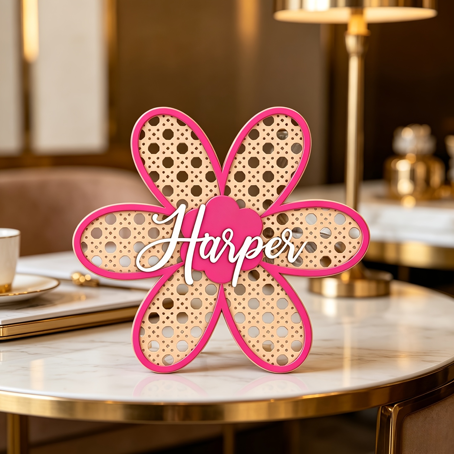 Baby Nursery Pink - Personalized Boho Rattan Flower Name Sign,