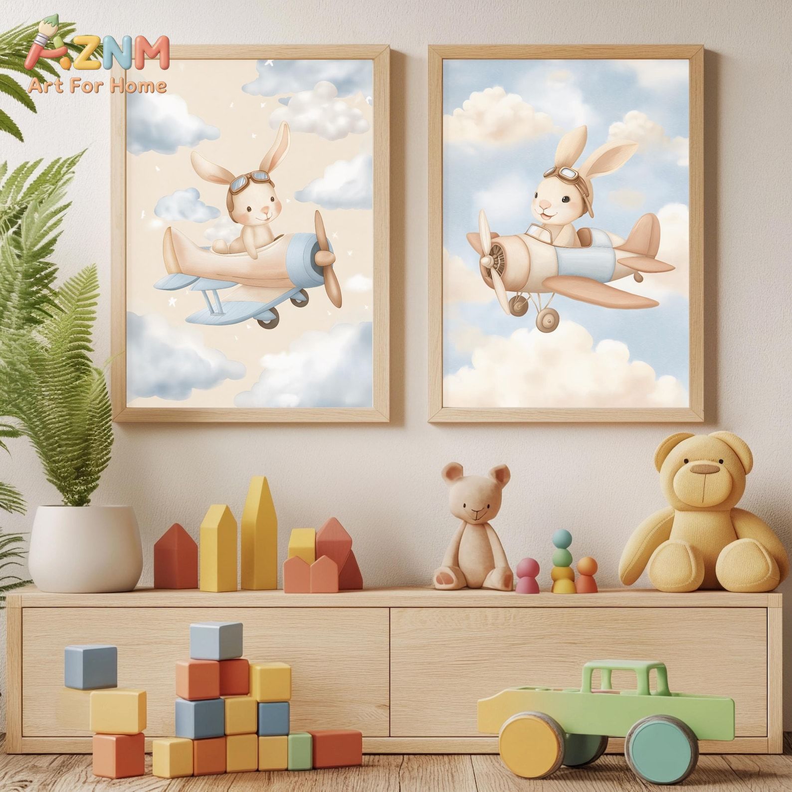 Baby Nursery Animal Theme - Bunny Airplane Wall Art Set of