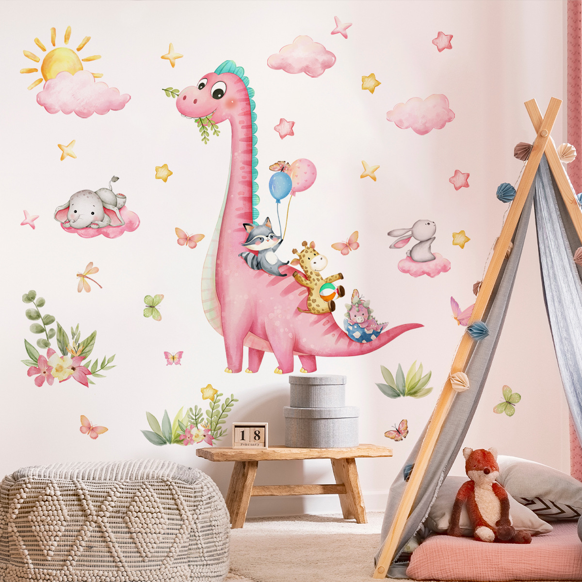 Baby Nursery Vinyl Wall Stickers - Large Cartoon Pink Dinosaur Animal Park