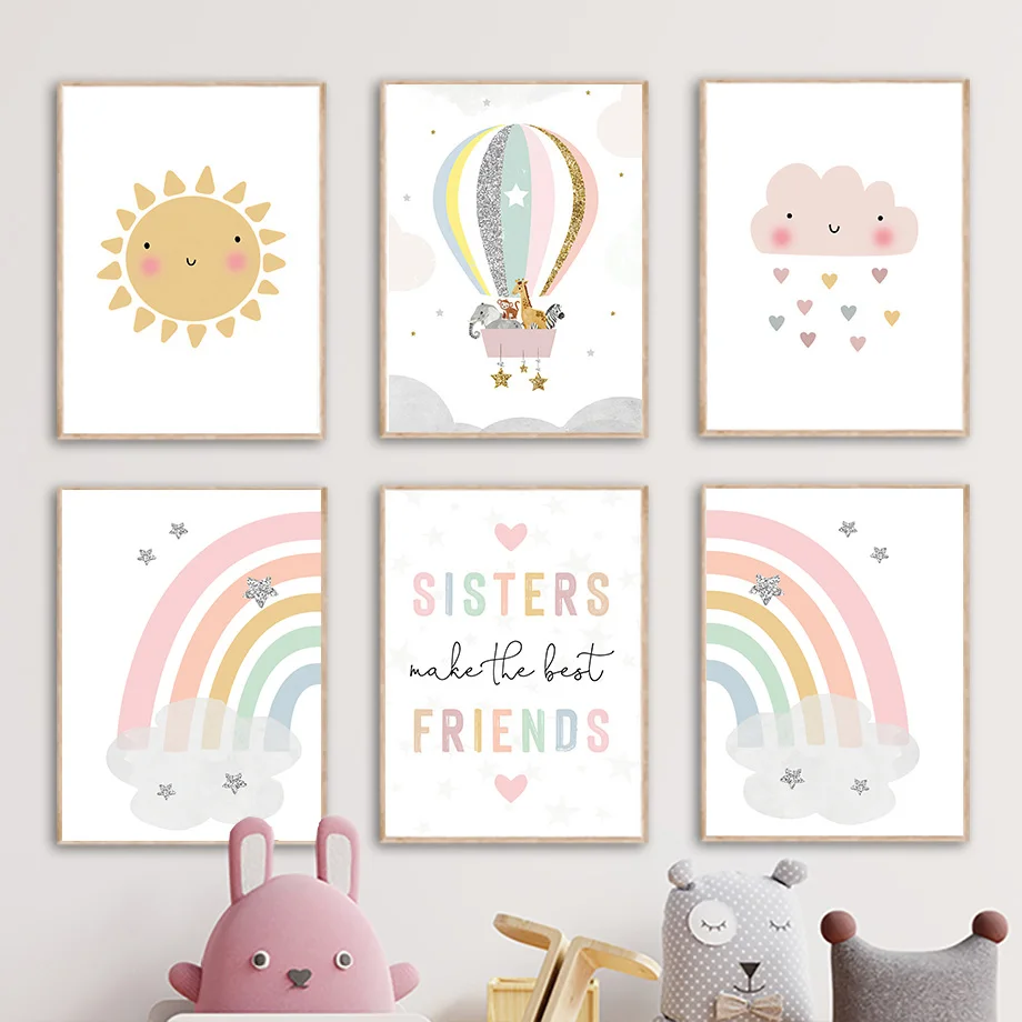 Baby Nursery Decor Girl - Giraffe Elephant Hot Balloon Sun Rainbow