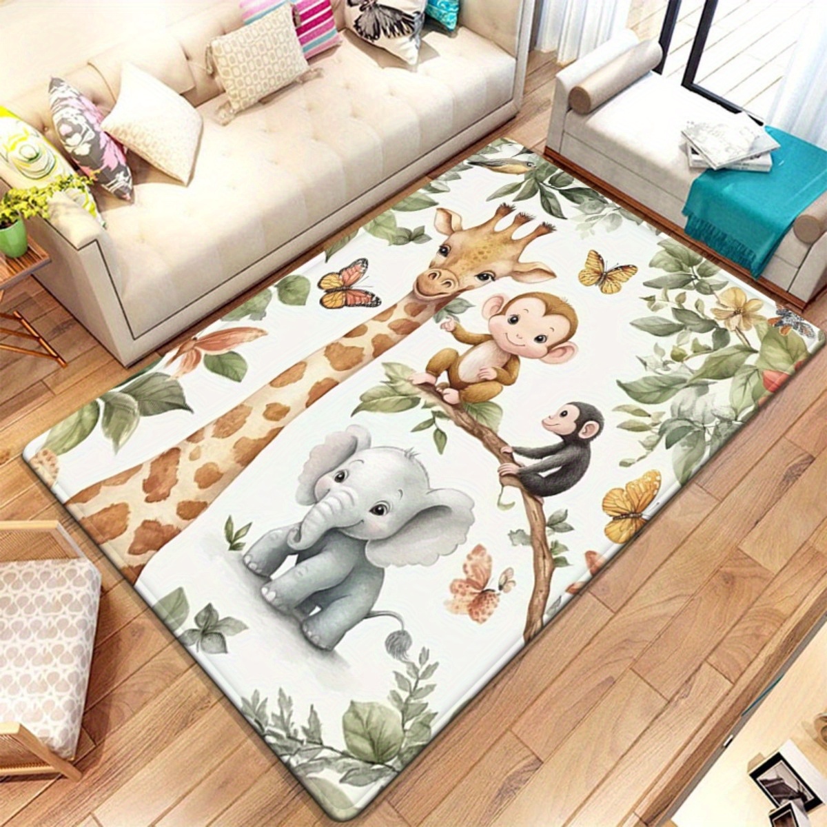 Baby Nursery Jungle Rug - Watercolor Animal Jungle Print Area Rug