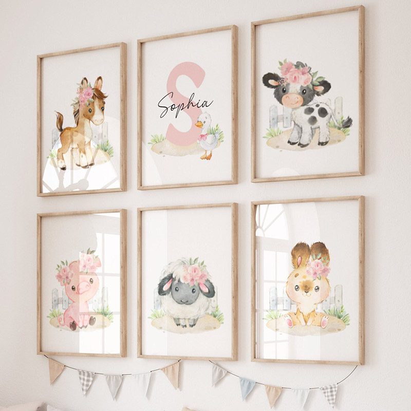 Baby Nursery Pink - Pink Horse Rabbit Chicken Pig Dog