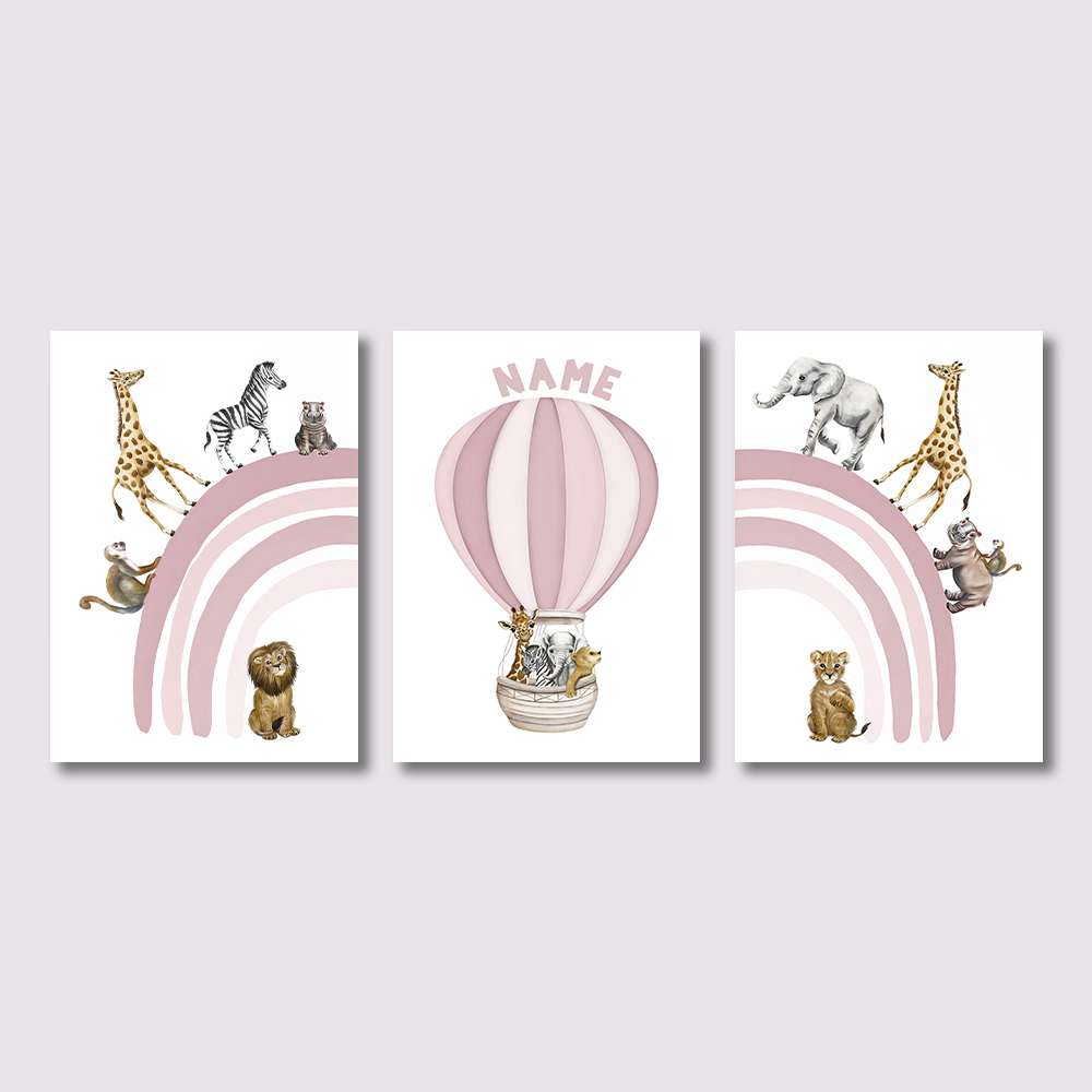 Baby Nursery Pink - 3PCS Safari Animal Nursery Canvas Print,