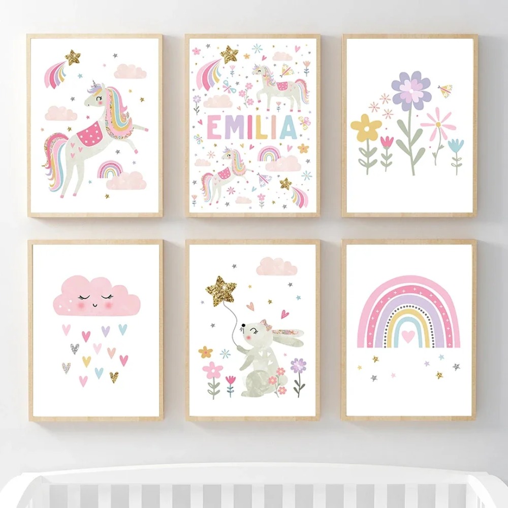 Baby Nursery Pink - Pink Unicorn Rabbit Rainbow Cloud Flower