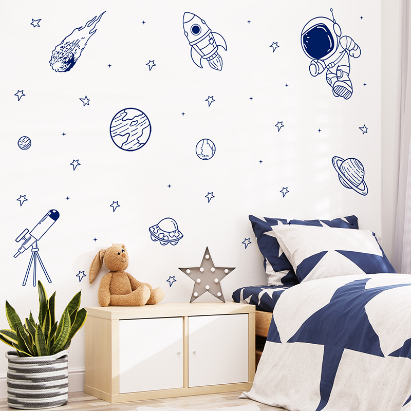 Baby Nursery Stickers - Cartoon Universe Astronaut Planet Rocket Wall