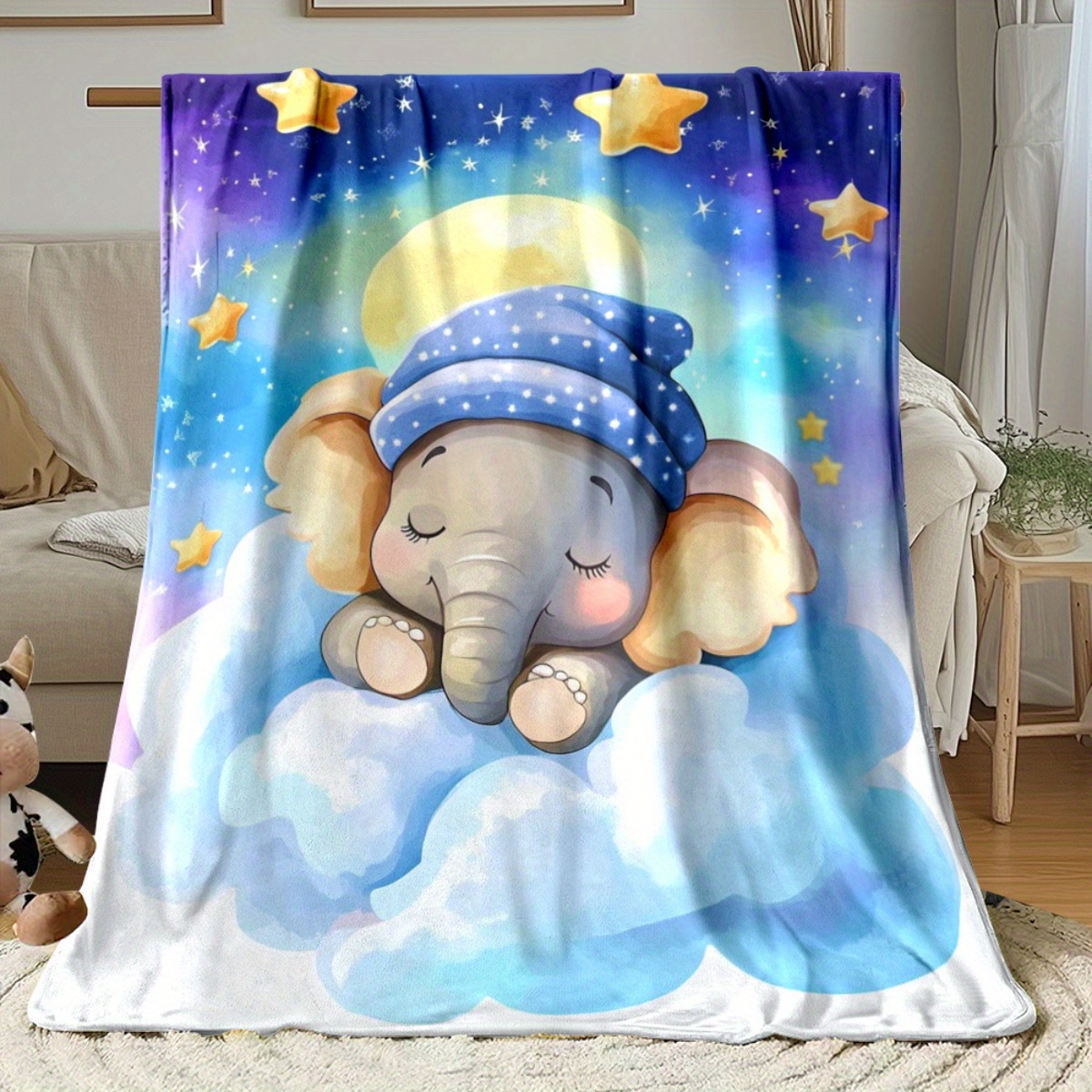 Baby Nursery Animal Theme - Sleeping Baby Elephant Cloud Star Night