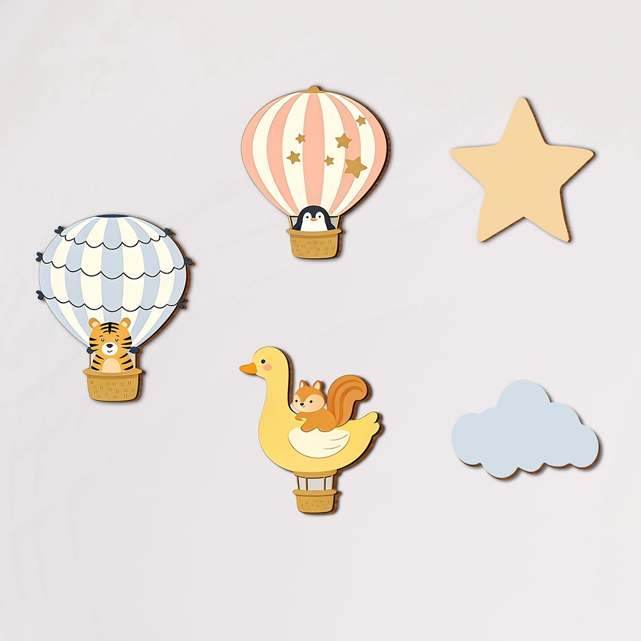 Baby Nursery Stickers - 5Pcs Animal Hot Air Balloon Wooden