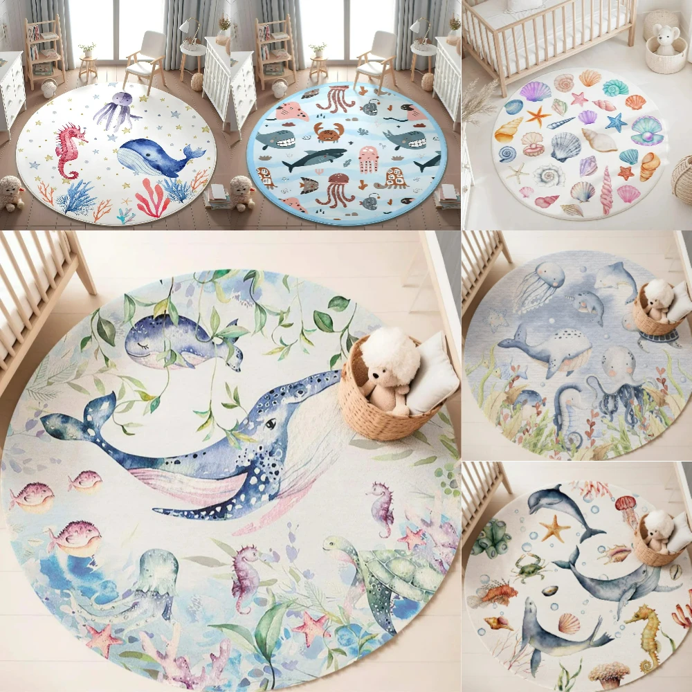 Baby Nursery Letters - Blue Marine animal Round Carpet for