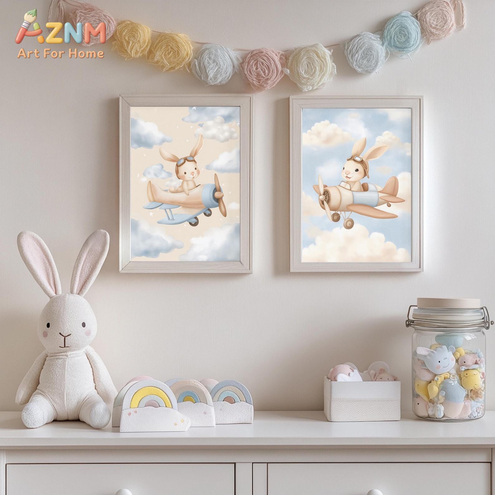 Bunny Airplane Wall Art Set of - Baby Nursery Animal Theme recension och pris