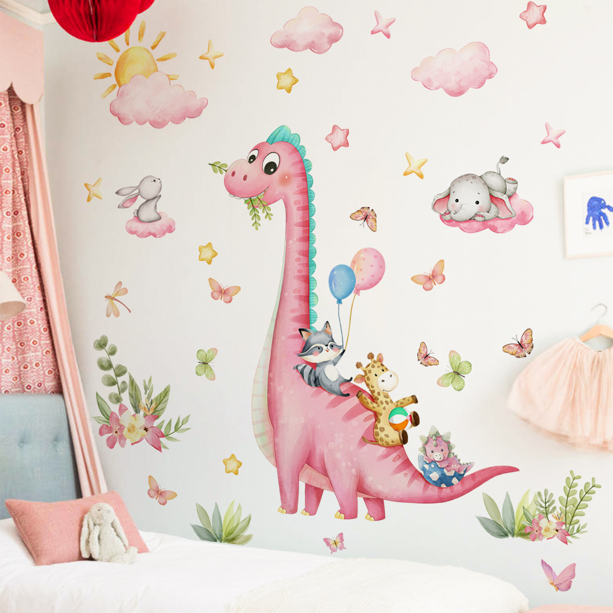 Large Cartoon Pink Dinosaur An - Baby Nursery Vinyl Wall Stickers recension och pris