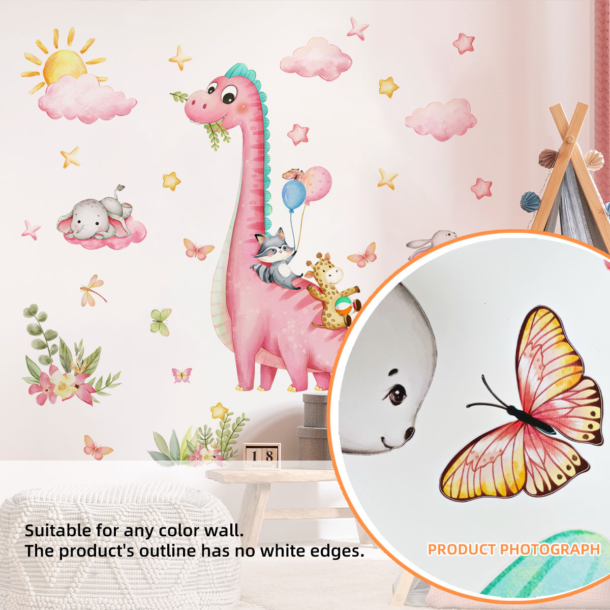 Large Cartoon Pink Dinosaur An - Baby Nursery Vinyl Wall Stickers recension och pris