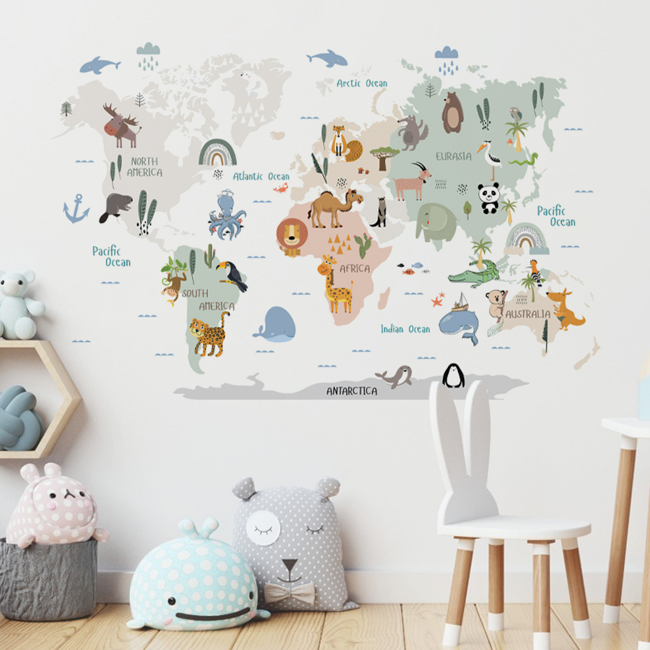 Watercolor  Cartoon World Map  - Baby Nursery Vinyl Wall Stickers recension och pris